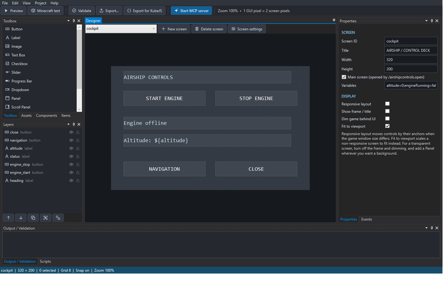 The Arcadia Studio editor: the canvas in the middle, the toolbox, layers and properties panels around it
